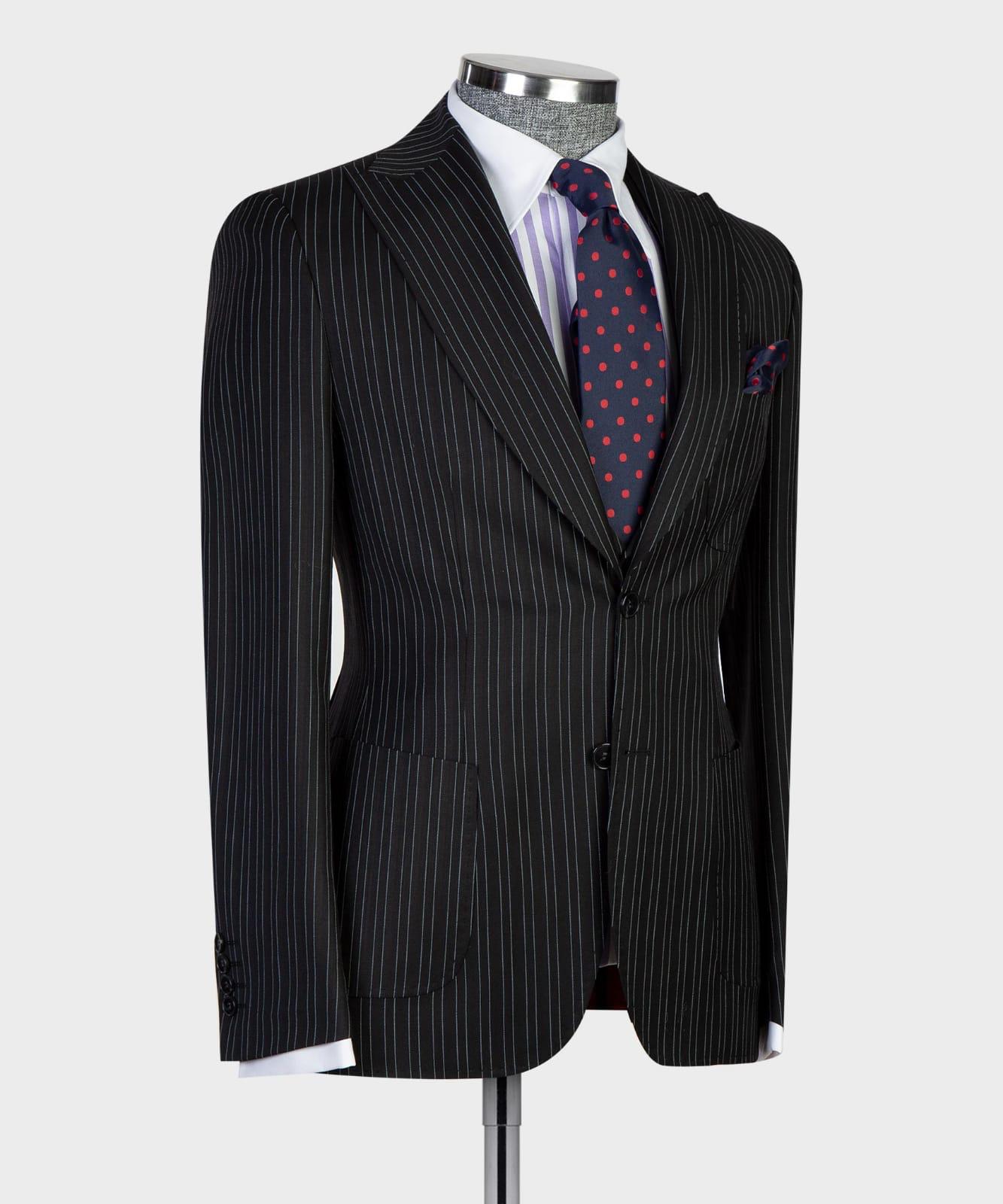 Black Striped Peaked Lapel Three Pieces Men Suit 4