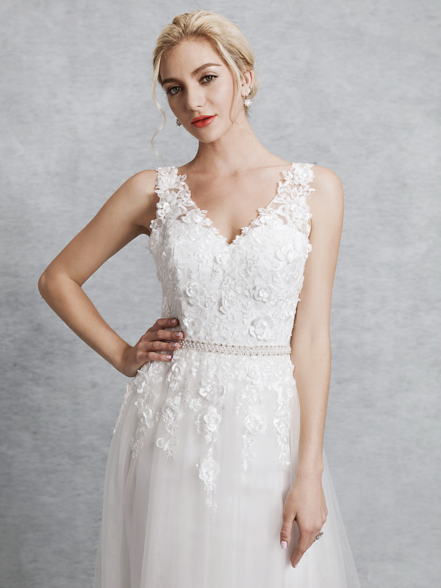 A-line Straps V-neck Court Train Lace Bridal Attire With Lace 5