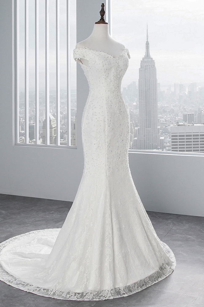 Mermaid Off-the-shoulder Sweetheart Neck Sleeveless Floor-length Lace Bridal Dress With Lace 4