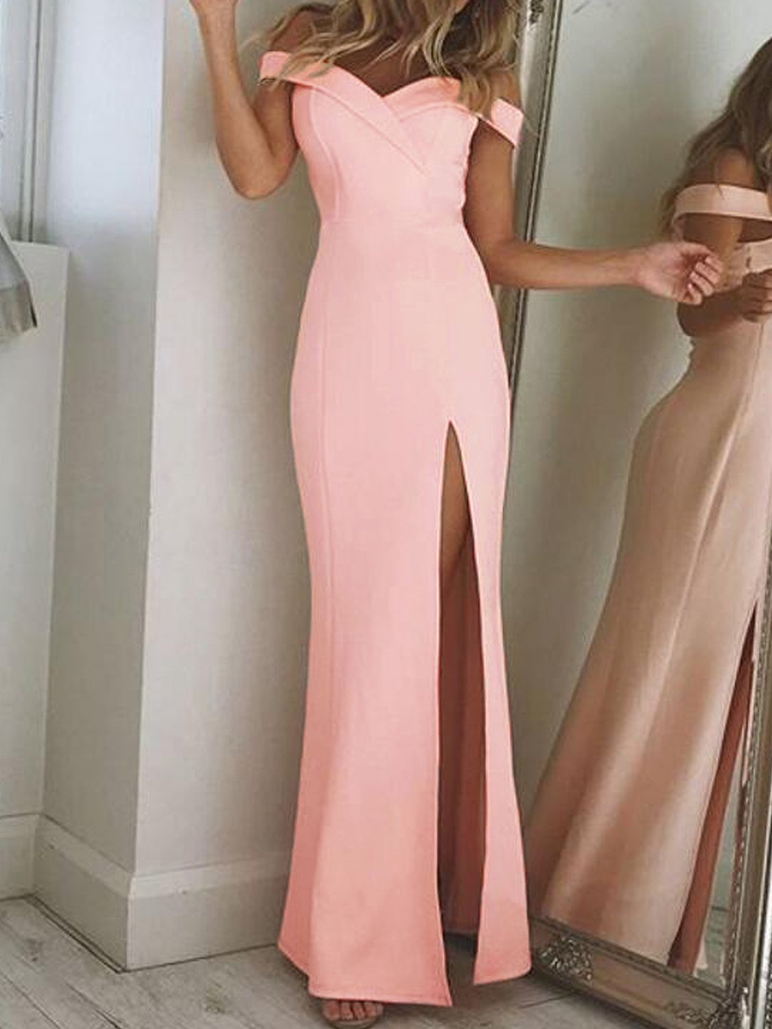 Column Off-the-shoulder Short Sleeves Floor-length Stretch Satin Evening Dress 3