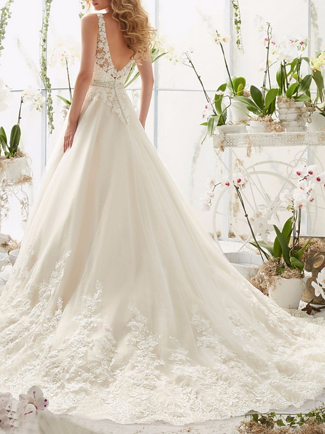 A-line Straps V-neck Court Train Lace Wedding Gown With Beading 2
