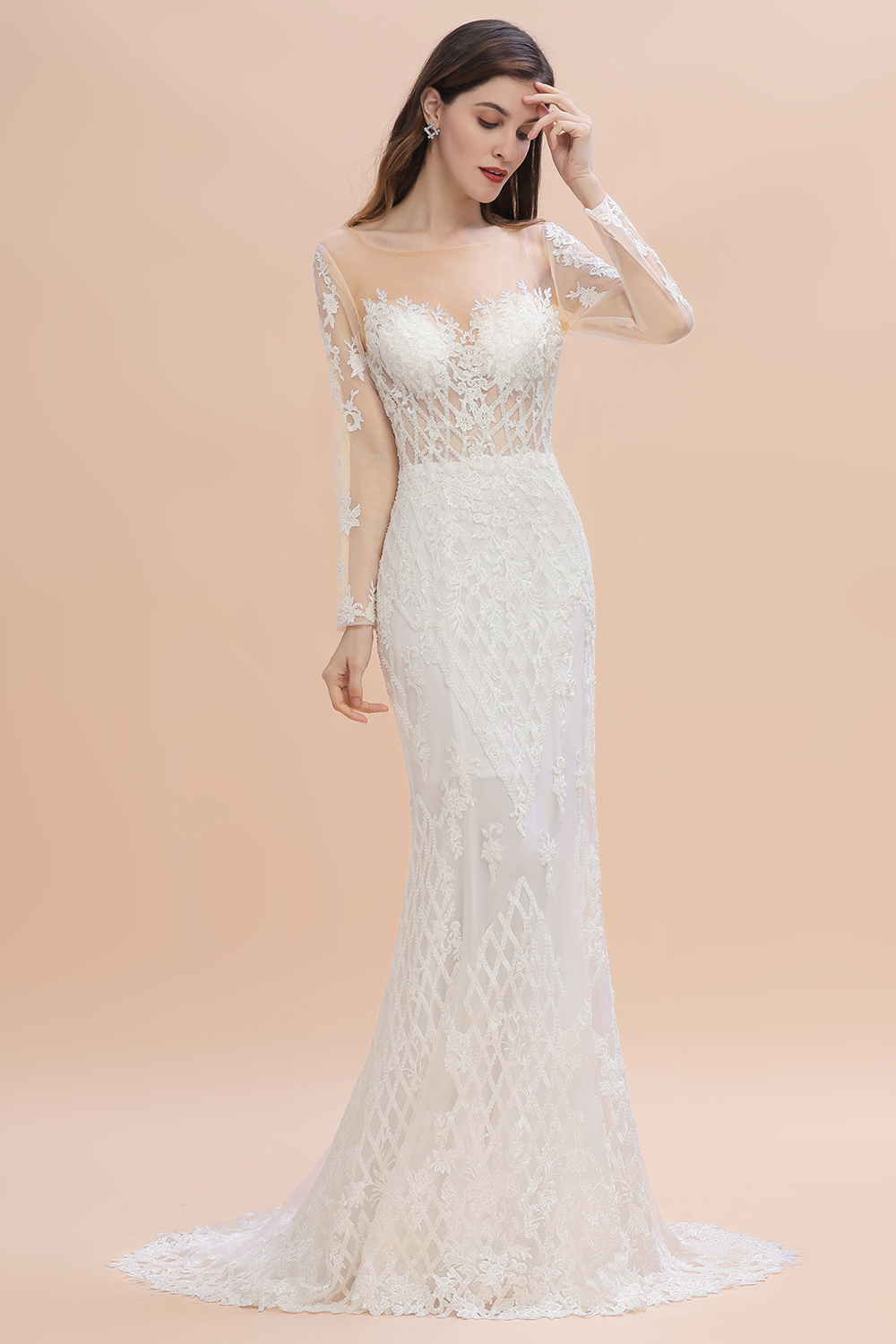 Mermaid Jewel Neck Long Sleeves Chapel Train Tulle Wedding Gown With Lace 3