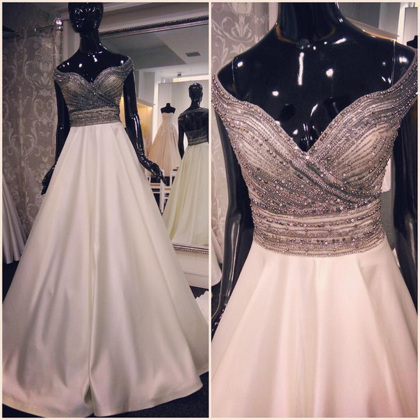 A-line Off-the-shoulder Sweep / Brush Train Stretch Satin Formal Dress With Beading 2