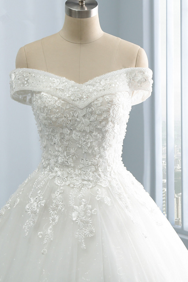 A-line Off-the-shoulder Sweetheart Neck Sleeveless Floor-length Tulle Bridal Dress With Sequins 3