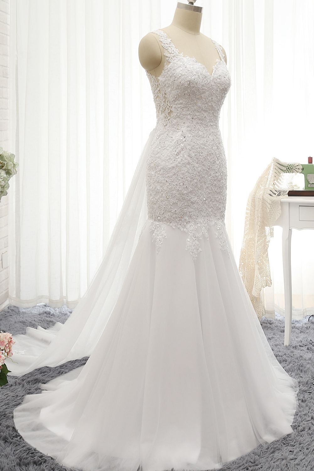 Mermaid Straps Floor-length 100D Chiffon Bridal Gown With Appliques 3