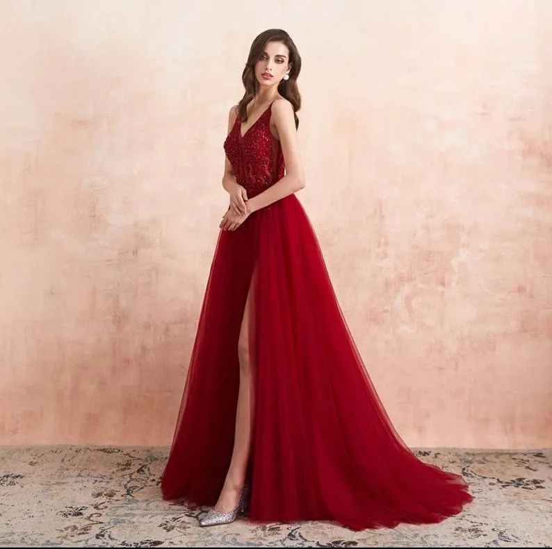 A-line V-neck Sleeveless Floor-length Tulle Evening Dress With Ruffles 4
