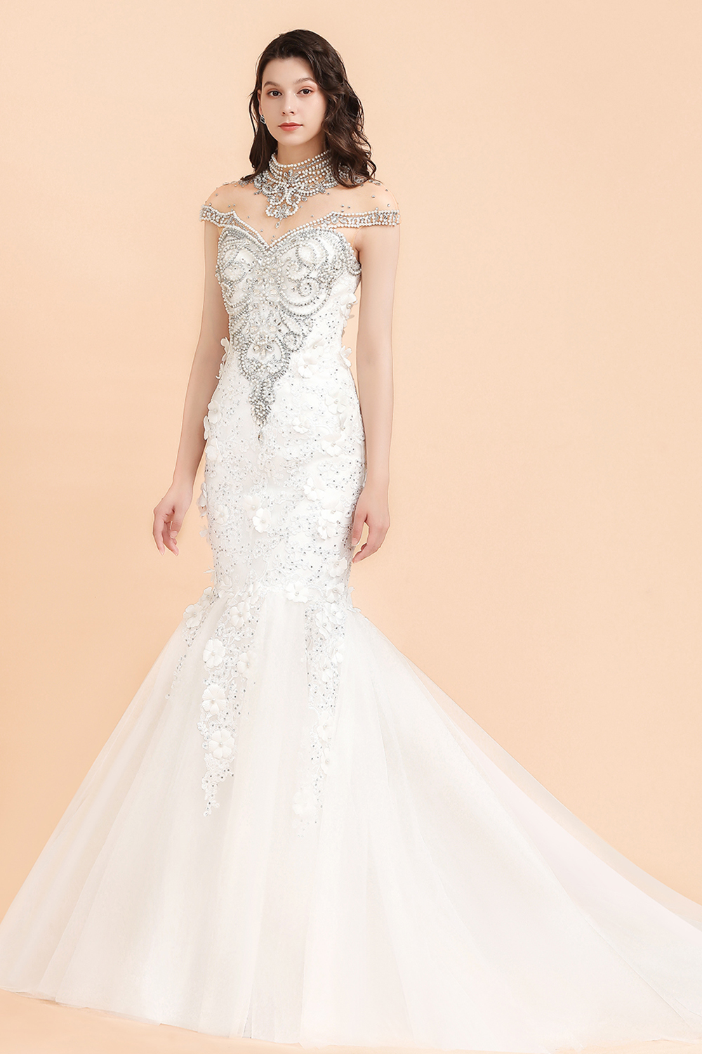 Mermaid High Neck Sleeveless Sweep / Brush Train Tulle Wedding Gown With Crystal 4