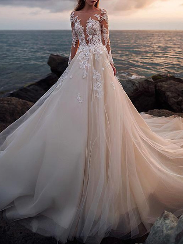 A-line Long Sleeves Court Train Tulle Bridal Dress With Buttons 3