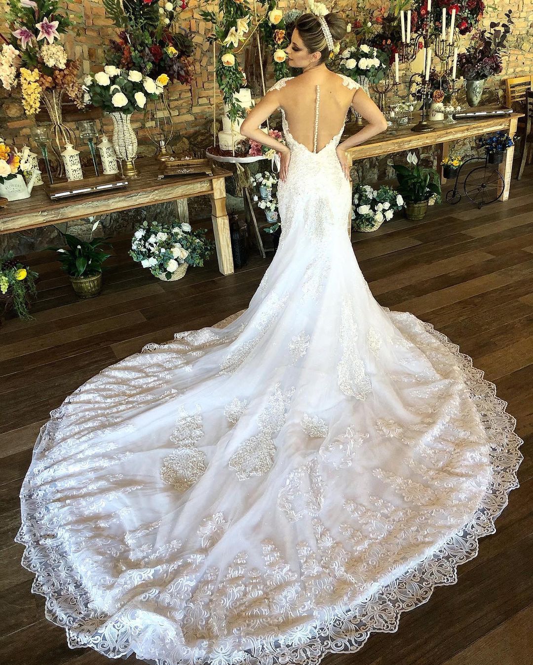 Mermaid Jewel Neck Cap Sleeves Chapel Train Lace Bridal Gown With Lace 2