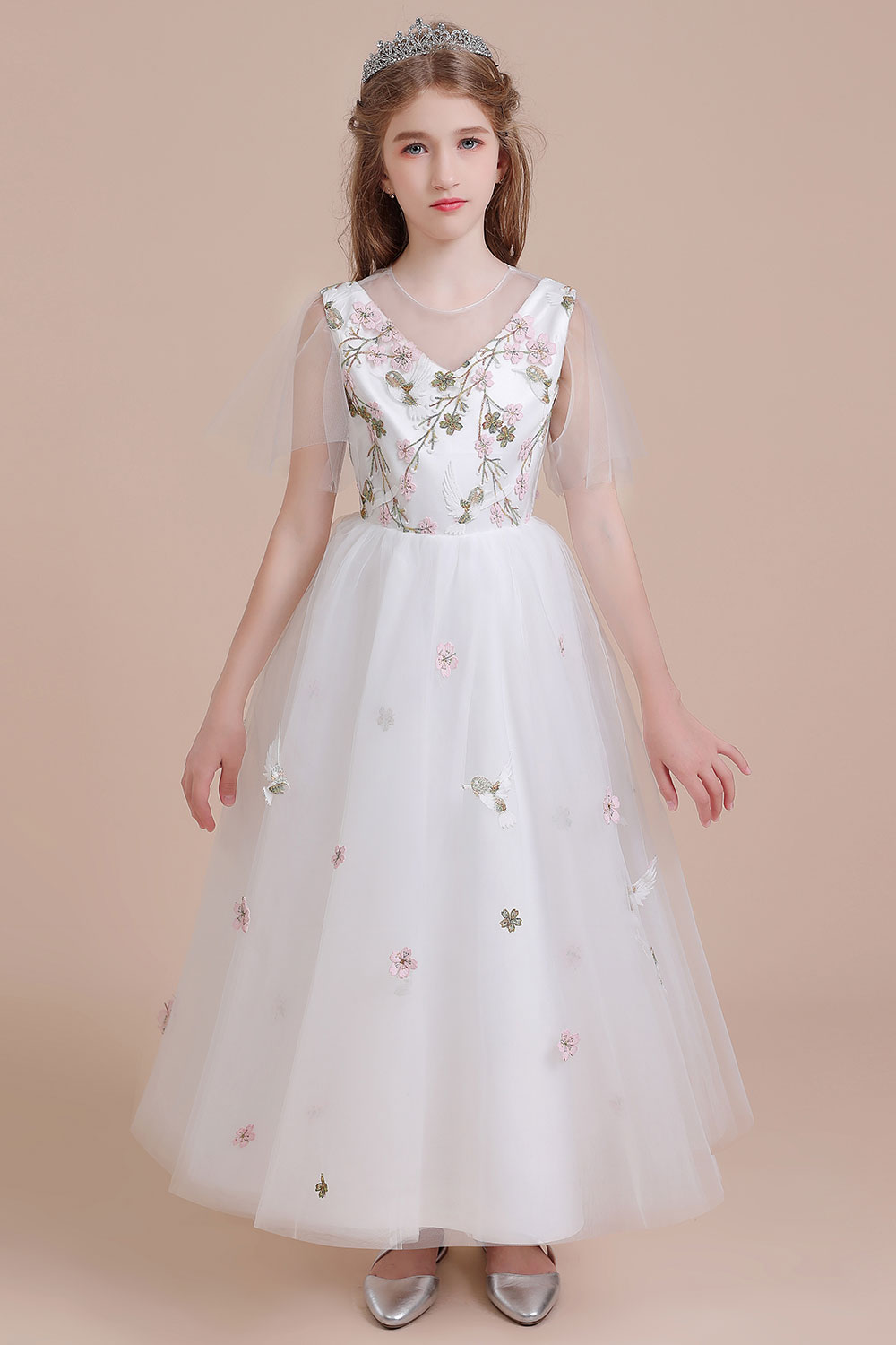 A-line V-neck Jewel Neck Short Sleeves Ankle-length Tulle Flower Girl Dress With Embroidery 1