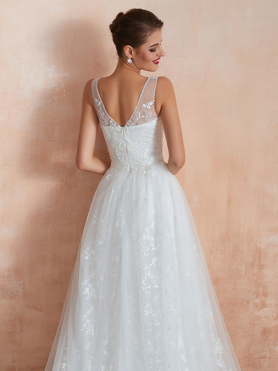A-line V-neck Sleeveless Floor-length Lace Bridal Dress With Lace 10