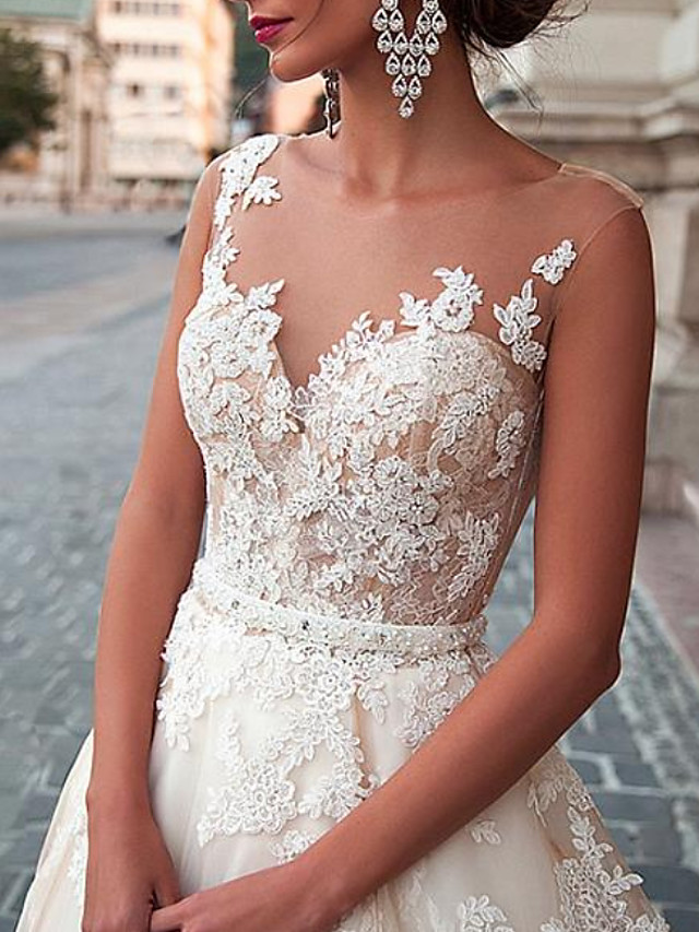 A-line Sleeveless Sweep / Brush Train Lace Bridal Gown With Ribbons 4