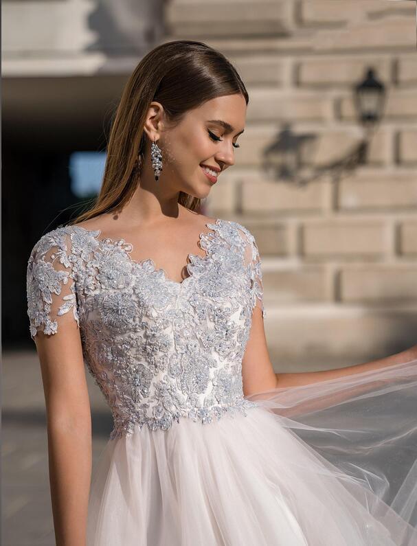 A-line V-neck Cap Sleeves Tea-length Tulle Party Dress With Appliques 3