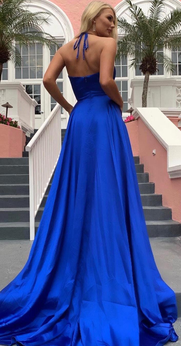 A-line Spaghetti Straps V-neck Sleeveless Floor-length Elastic Silk-like Satin Formal Dress With Split Front 2
