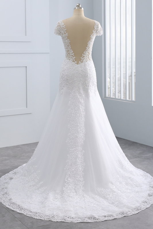 Mermaid Jewel Neck Short Sleeves Floor-length Tulle Bridal Attire With Appliques 2