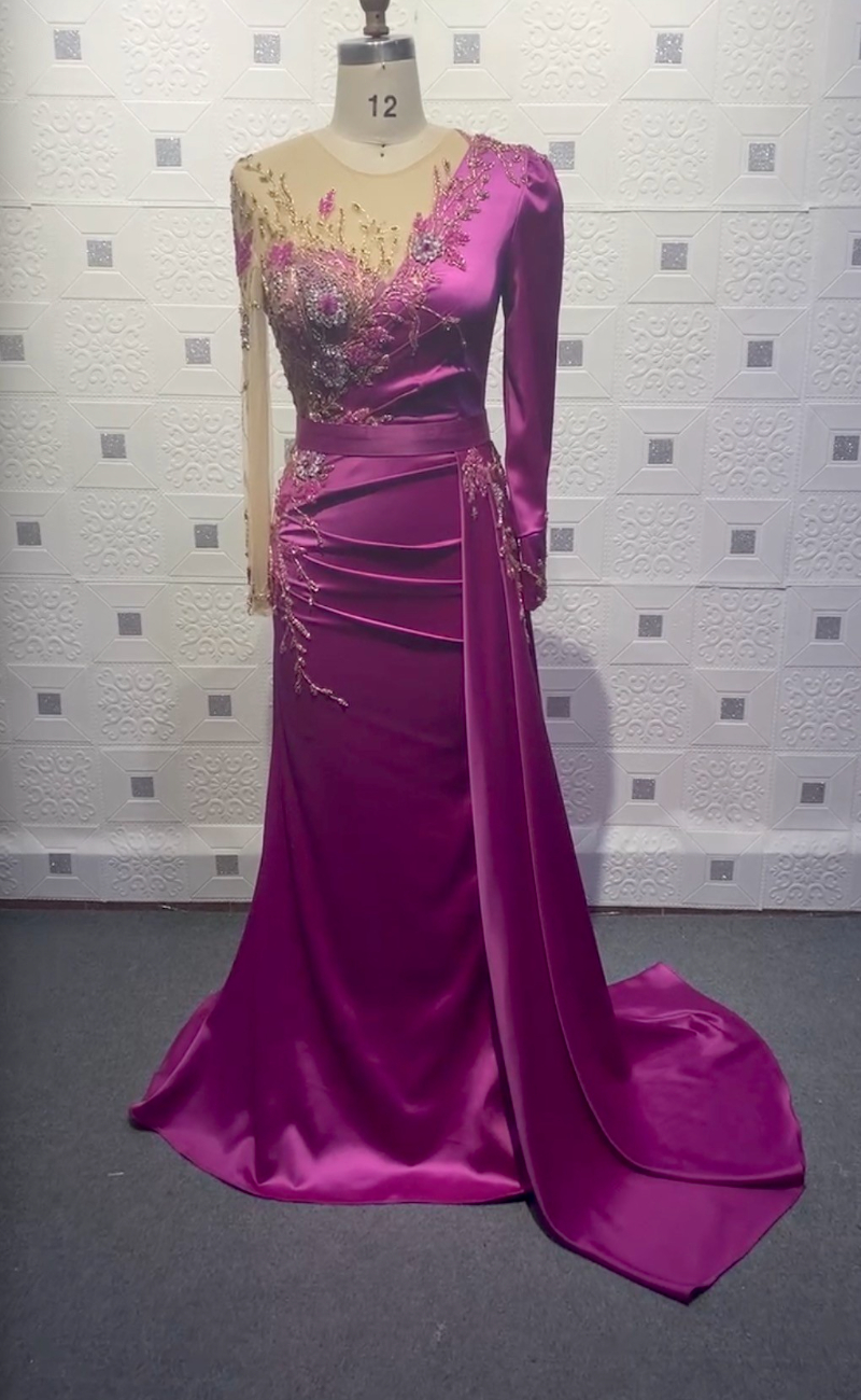 Column Jewel Neck Long Sleeves Sweep / Brush Train Tulle Evening Dress With Pearls 1