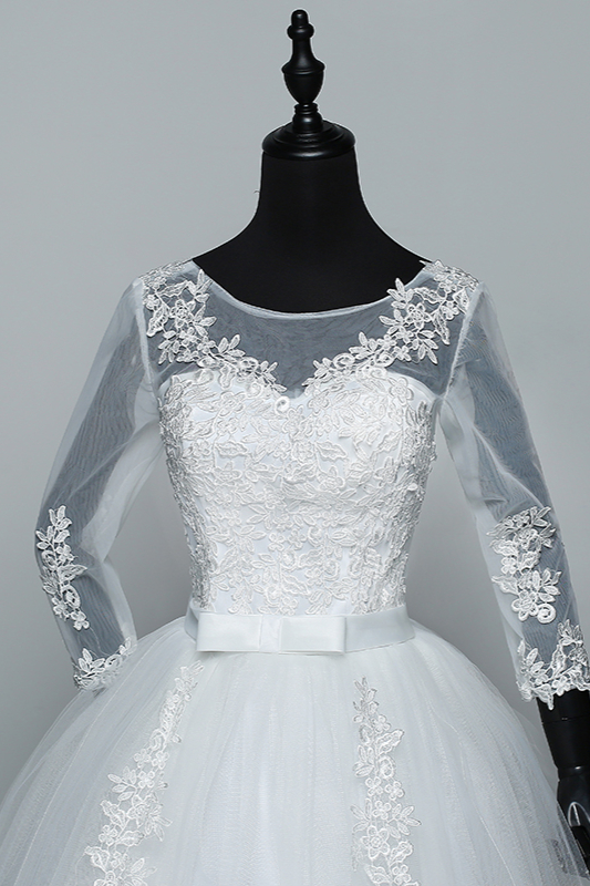 Jewel Neck 3/4-Length Sleeves Floor-length Tulle Bridal Gown With Appliques 5