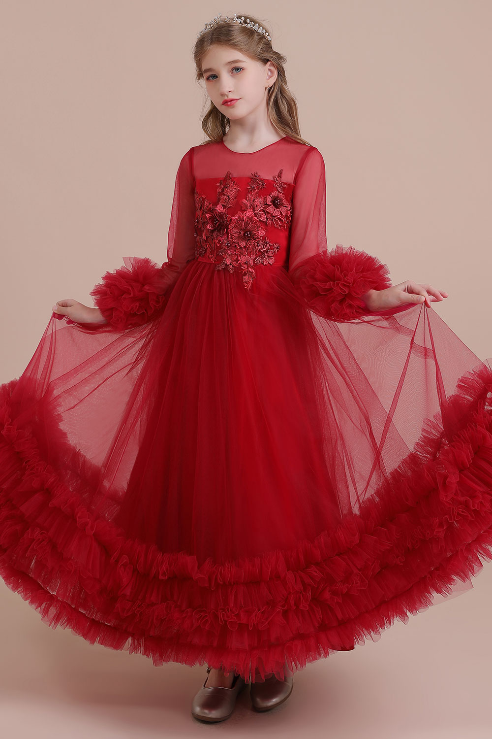 A-line Jewel Neck Long Sleeves Ankle-length Tulle Flower Girl Dress With Cascading Ruffle 3