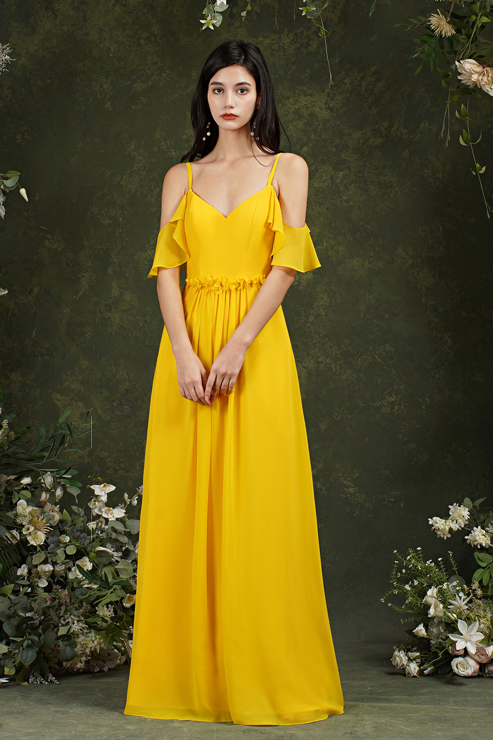 A-line Spaghetti Straps Sweetheart Neck Cap Sleeves Floor-length 100D Chiffon Bridesmaid Gown With Pockets 6