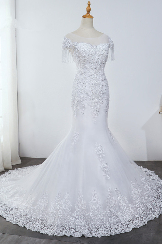 Mermaid Jewel Neck Sleeveless Floor-length Tulle Bridal Gown With Appliques 3
