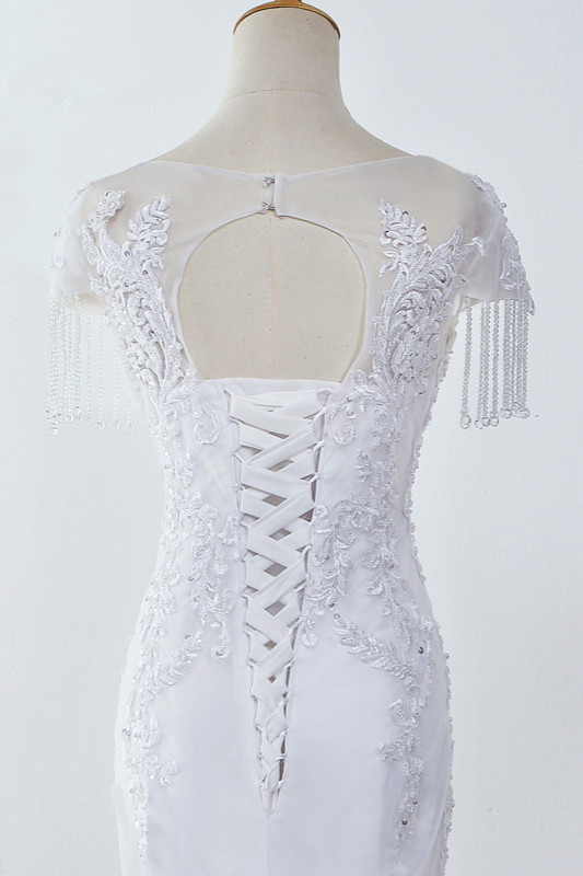 Mermaid Jewel Neck Sleeveless Floor-length Tulle Bridal Gown With Appliques 5