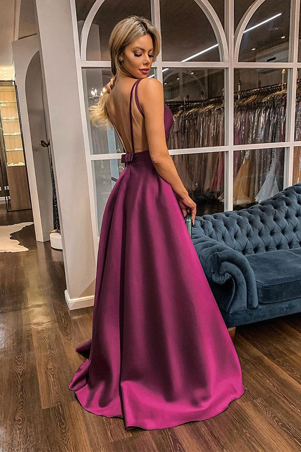 A-line Plunging Neckline Sleeveless Court Train Satin Homecoming Dress With Ribbons 2