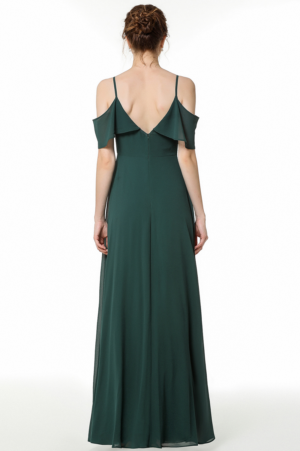 A-line Spaghetti Straps Sleeveless Sweep / Brush Train 100D Chiffon Bridesmaid Gown With Tiered 2