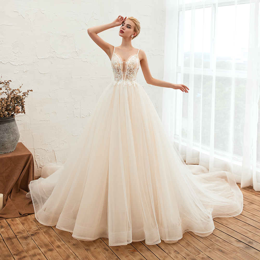 A-line Spaghetti Straps V-neck Sleeveless Cathedral Train Tulle Wedding Dress With Beading 14