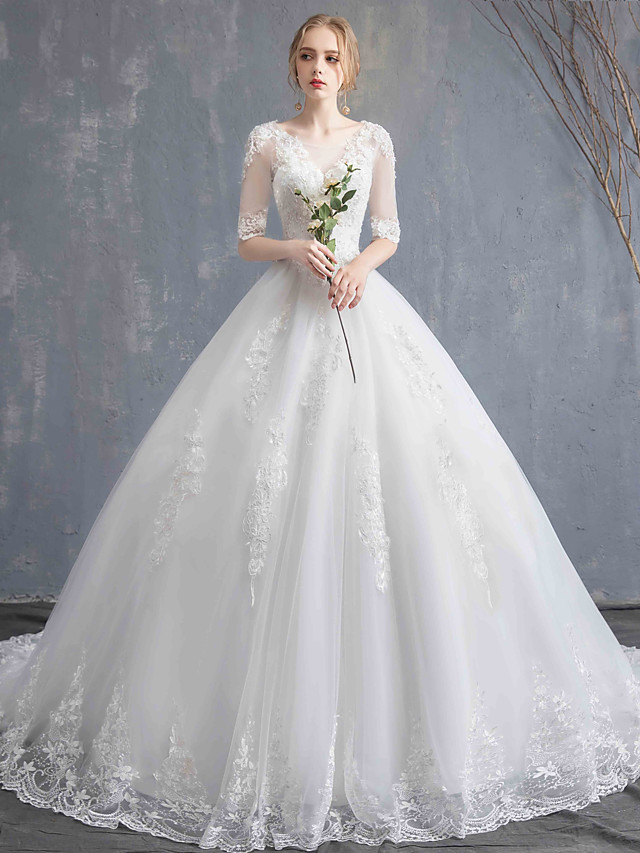 Ball Gown Scoop Neck Half-Sleeves Chapel Train Lace Bridal Gown With Lace 8