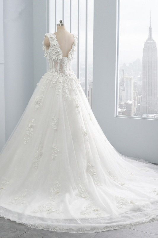 A-line Straps V-neck Sleeveless Floor-length Tulle Wedding Dress With Appliques 4