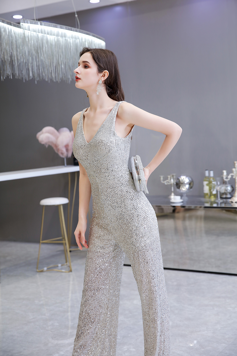 Shining V-neck Silver Sequin Sleeveless Prom Jumpsuit 8
