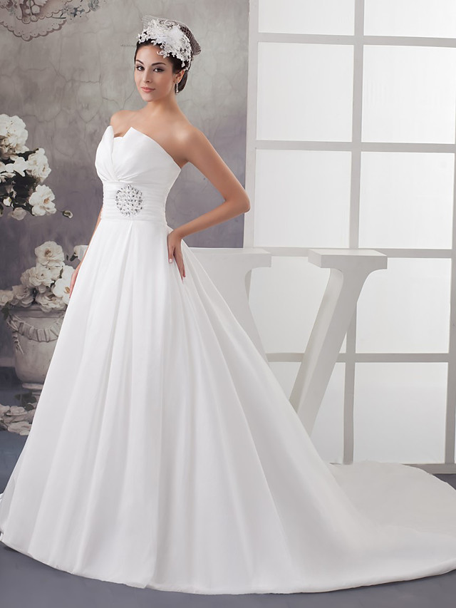 A-line Strapless Sleeveless Chapel Train Tulle Bridal Gown With Beading 2