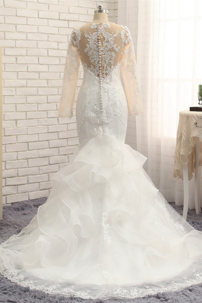 Mermaid Jewel Neck Long Sleeves Court Train Stretch Satin Wedding Gown With Lace 2