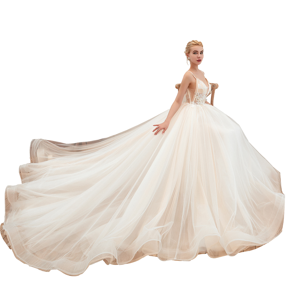 A-line Spaghetti Straps V-neck Sleeveless Cathedral Train Tulle Wedding Dress With Beading 20