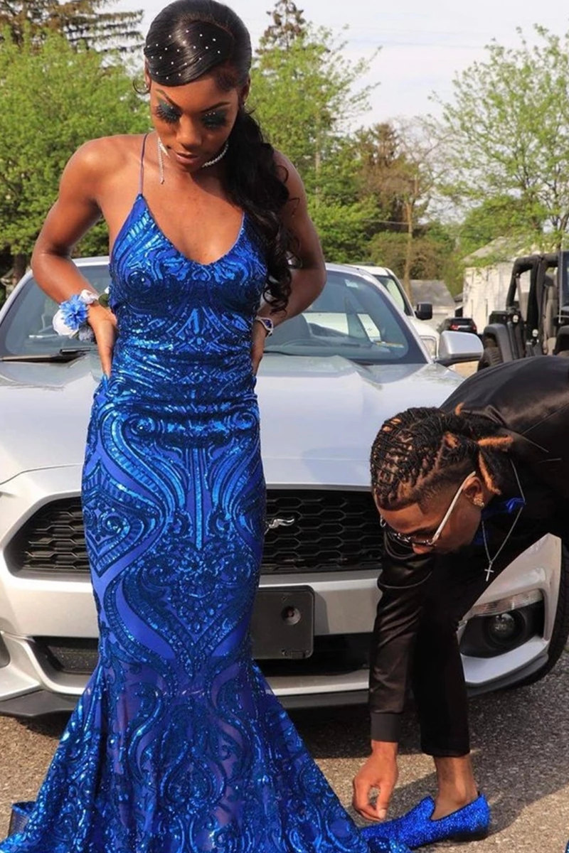 Column Spaghetti Straps Sleeveless Floor-length Evening Dress With Sequins 3