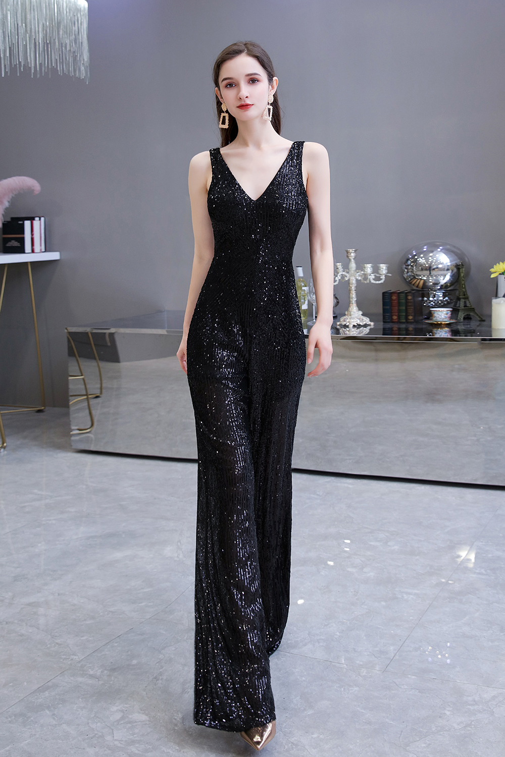 Shining V-neck Silver Sequin Sleeveless Prom Jumpsuit 12