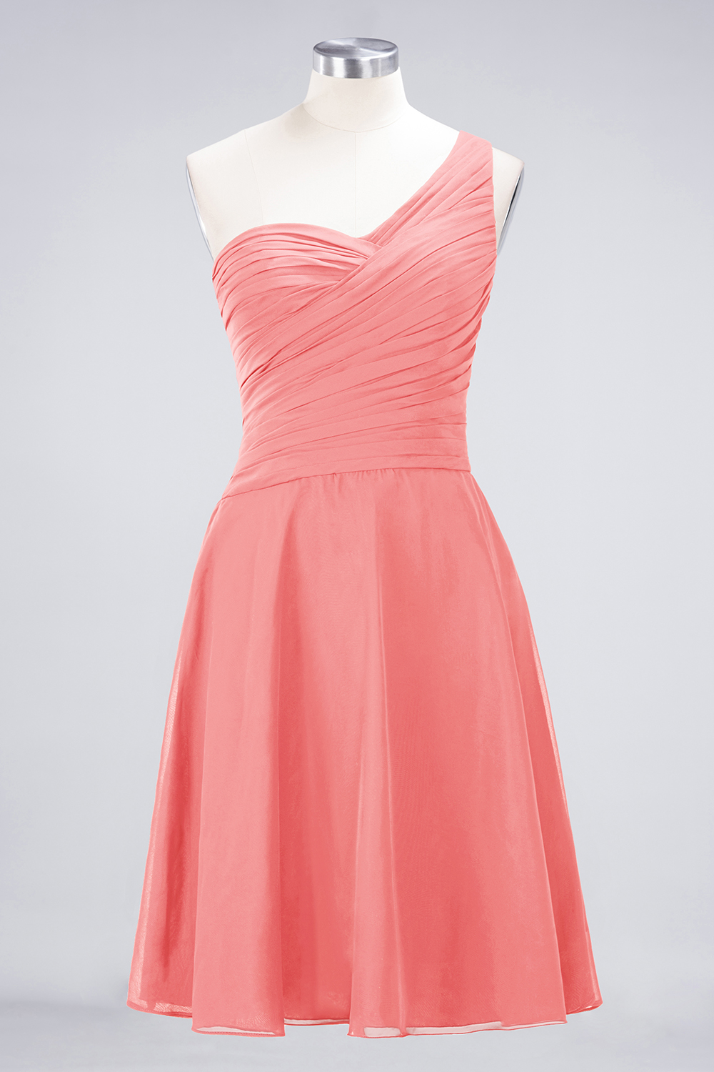 A-line One Shoulder Sweetheart Neck Sleeveless Knee-length 100D Chiffon Bridesmaid Attire With Ruffles 15