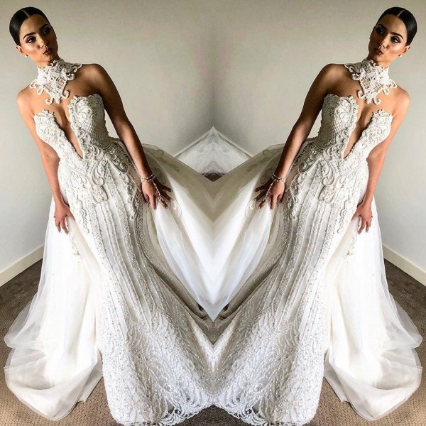 Mermaid High Neck Sleeveless Wedding Dress With Appliques 2