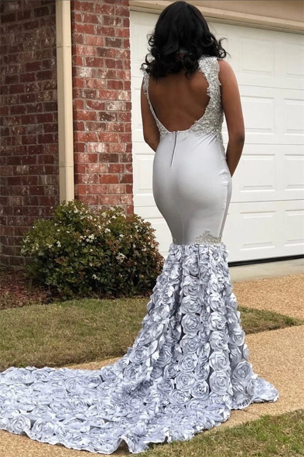 Mermaid High Neck Sleeveless Court Train Stretch Satin Formal Wear With Appliques 2