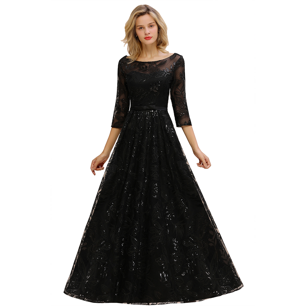 A-line Jewel Neck 3/4-Length Sleeves Floor-length Tulle Evening Dress With Sequins 5