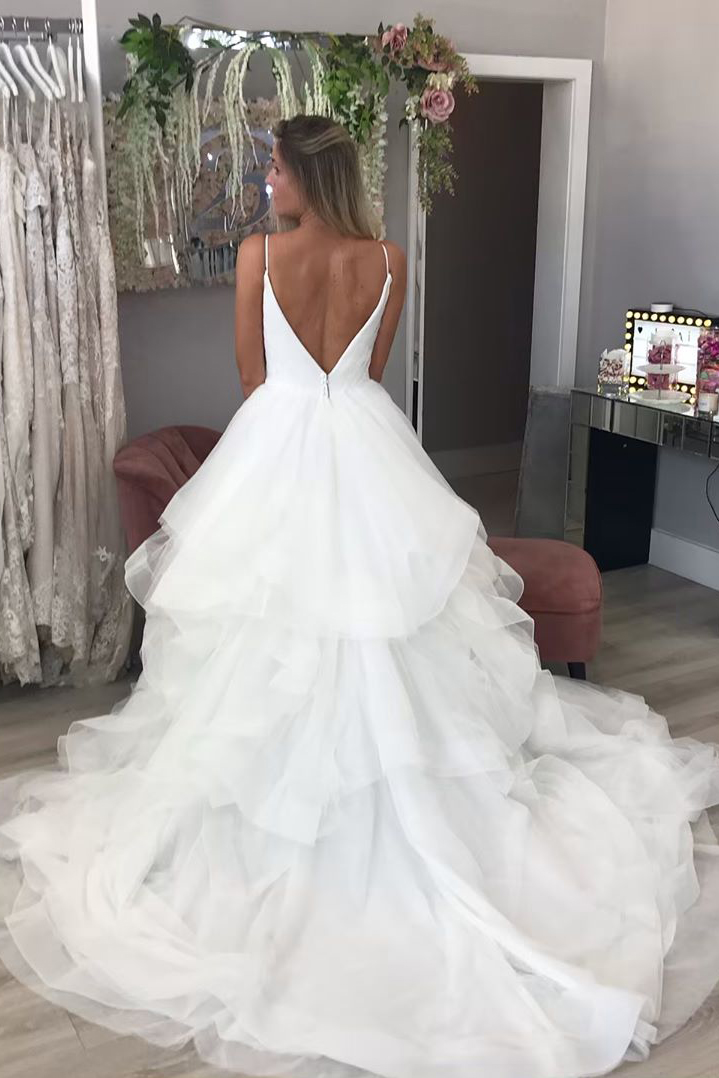 A-line Spaghetti Straps Sleeveless Sweep / Brush Train Tulle Wedding Gown With Ruffles 2