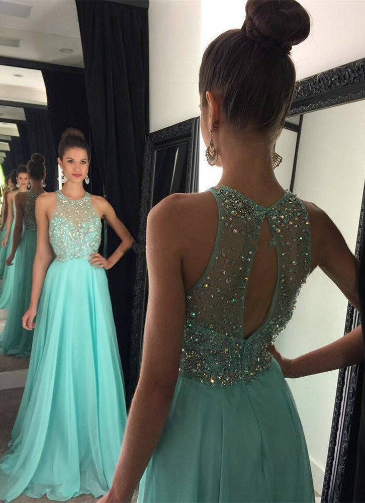 A-line Halter-neck Sleeveless Floor-length Formal Dress With Beading 2