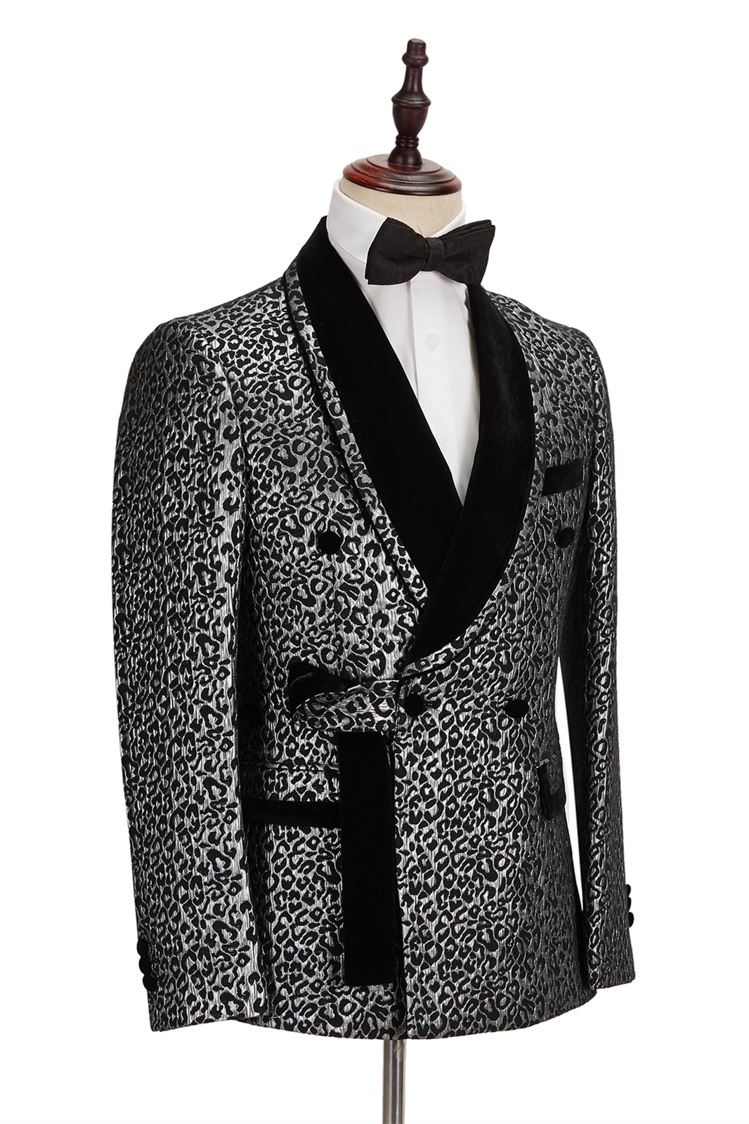 Black Silver Leopard Jacquard Double Breasted Wedding Suit 3