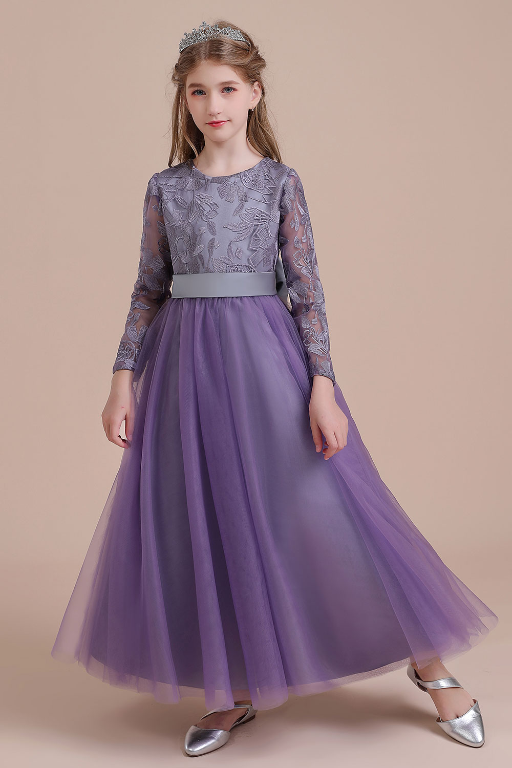 A-line Jewel Neck Long Sleeves Ankle-length Tulle Flower Girl Dress With Bow 1