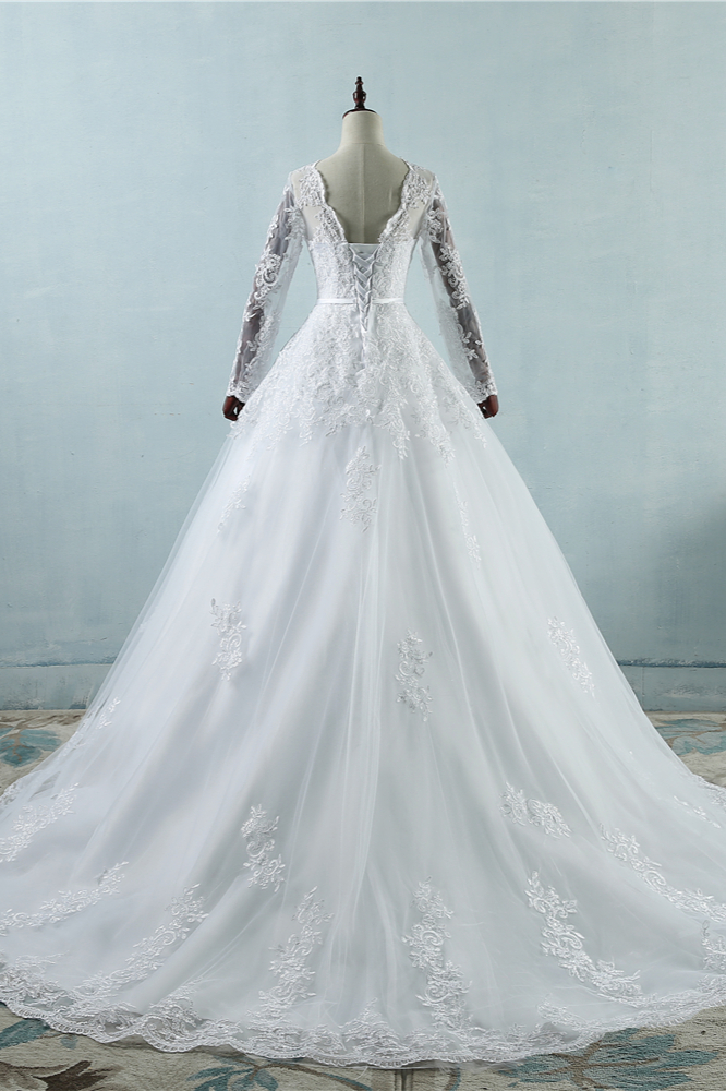 A-line Bateau Neck Long Sleeves Floor-length Tulle Wedding Dress With Lace 2