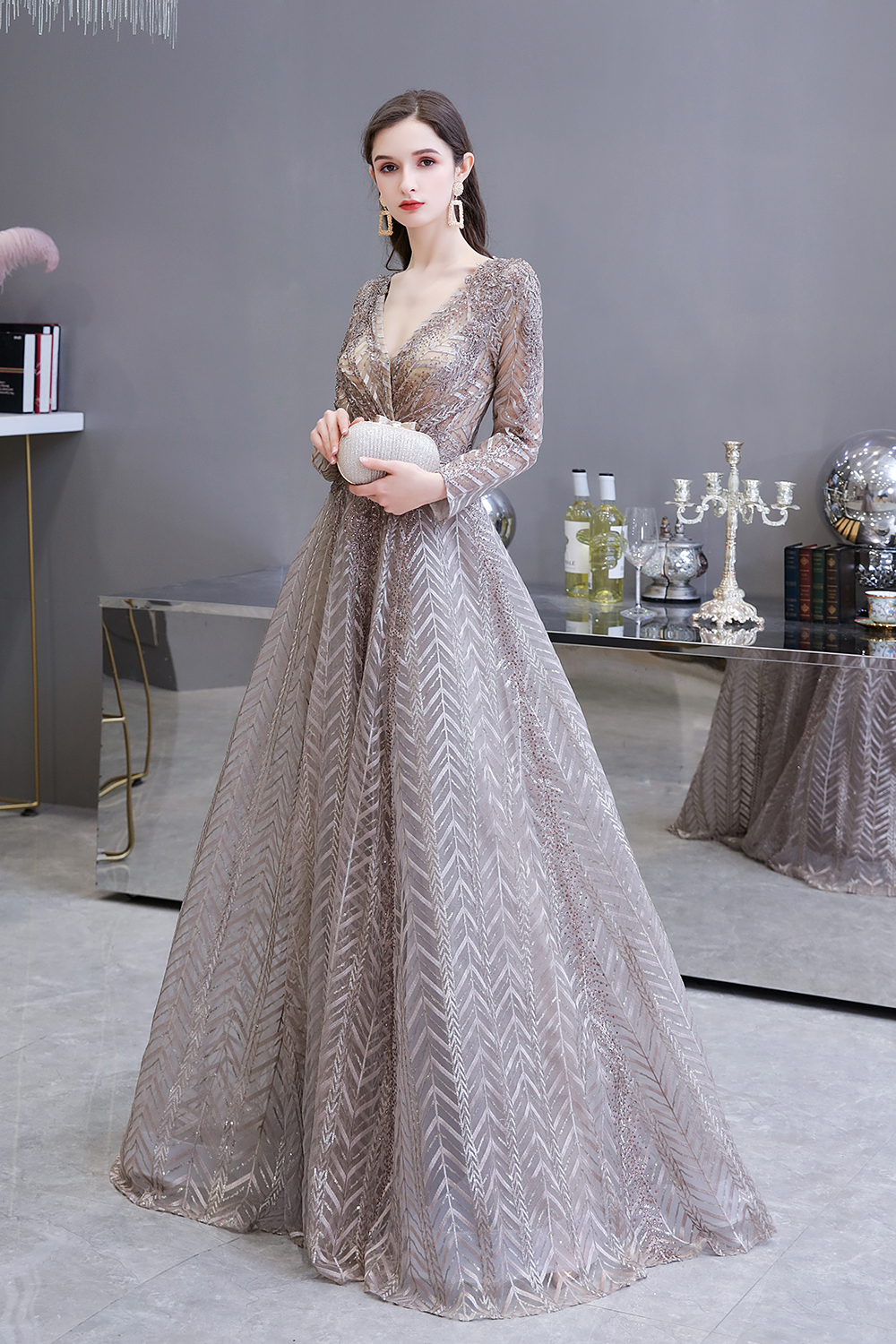 A-line V-neck Long Sleeves Sweep / Brush Train Lace Evening Dress With Pearls 2