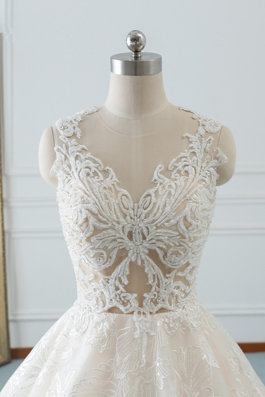 A-line Jewel Neck Sleeveless Floor-length Tulle Wedding Gown With Beading 5