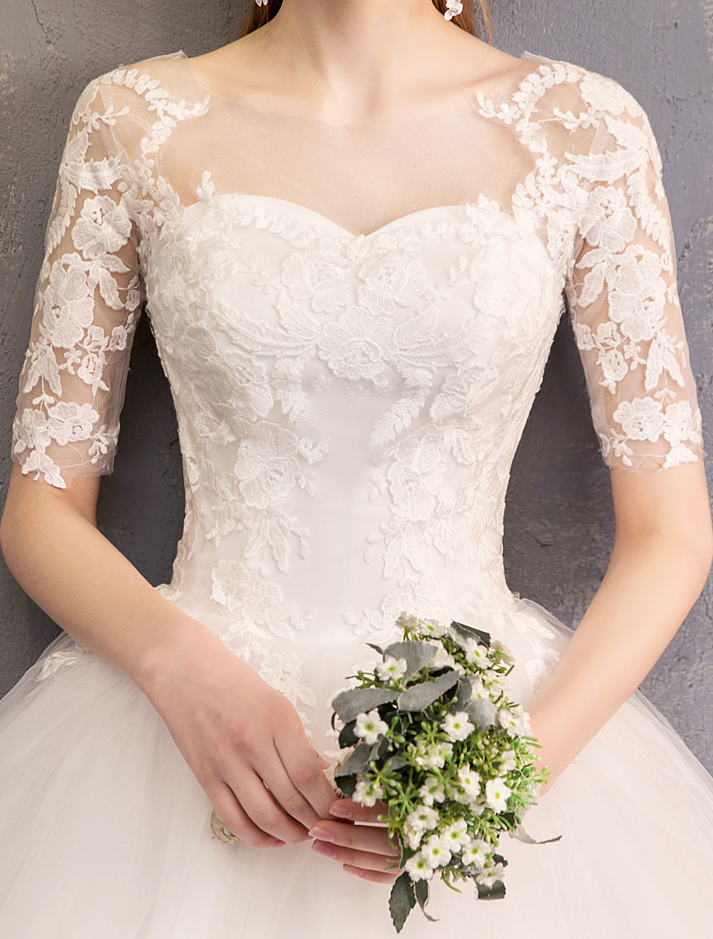 Half-Sleeves Floor-length Lace Wedding Dress With Lace 8