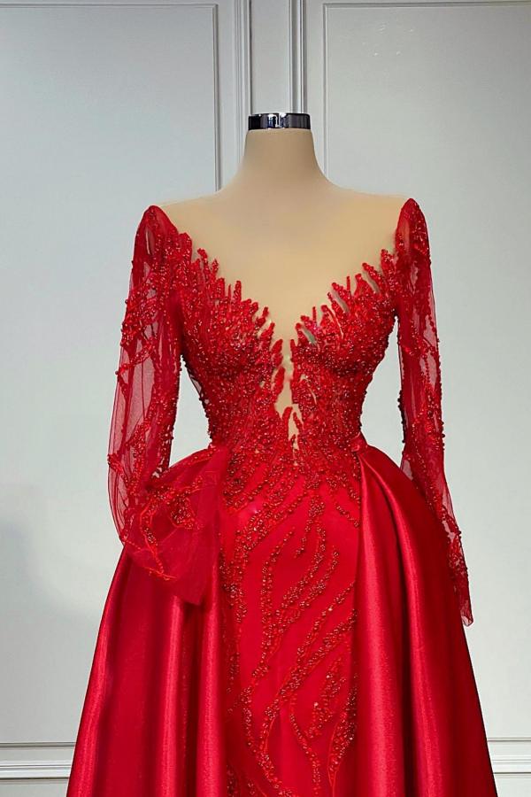 A-line Jewel Neck Long Sleeves Floor-length Stretch Satin Evening Dress With Ruffles 2