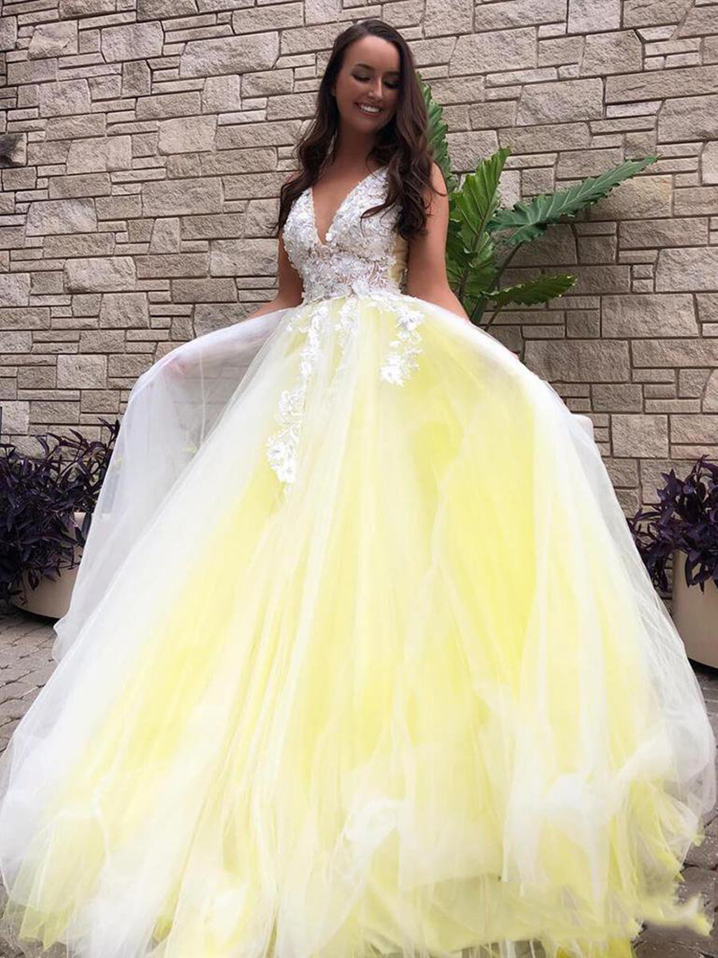 A-line V-neck Sleeveless Floor-length Tulle Evening Dress With Lace 7